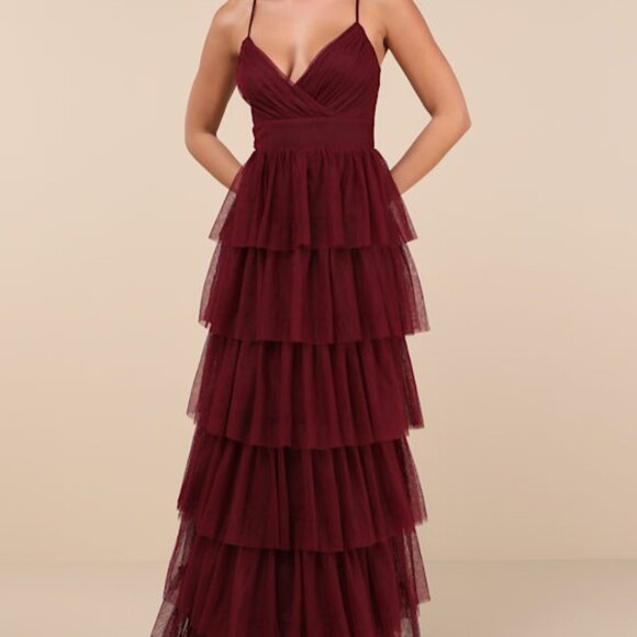 Lulus Rule The Runway Burgundy Tulle Surplice Tiered Maxi Dress - Size M - Picture 1 of 4